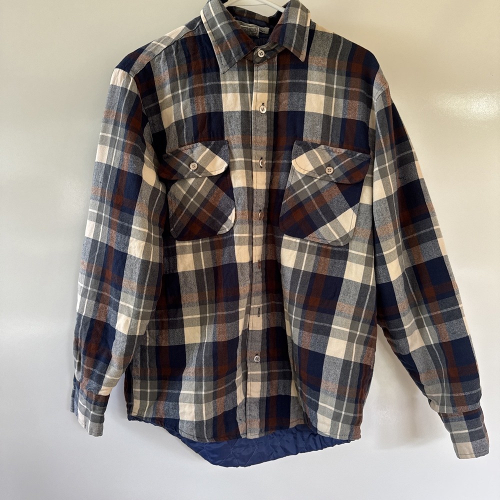 Vintage Windbreaker Shacket Jacket‎ Button Plaid Medium Men's Blue Brown Quilted